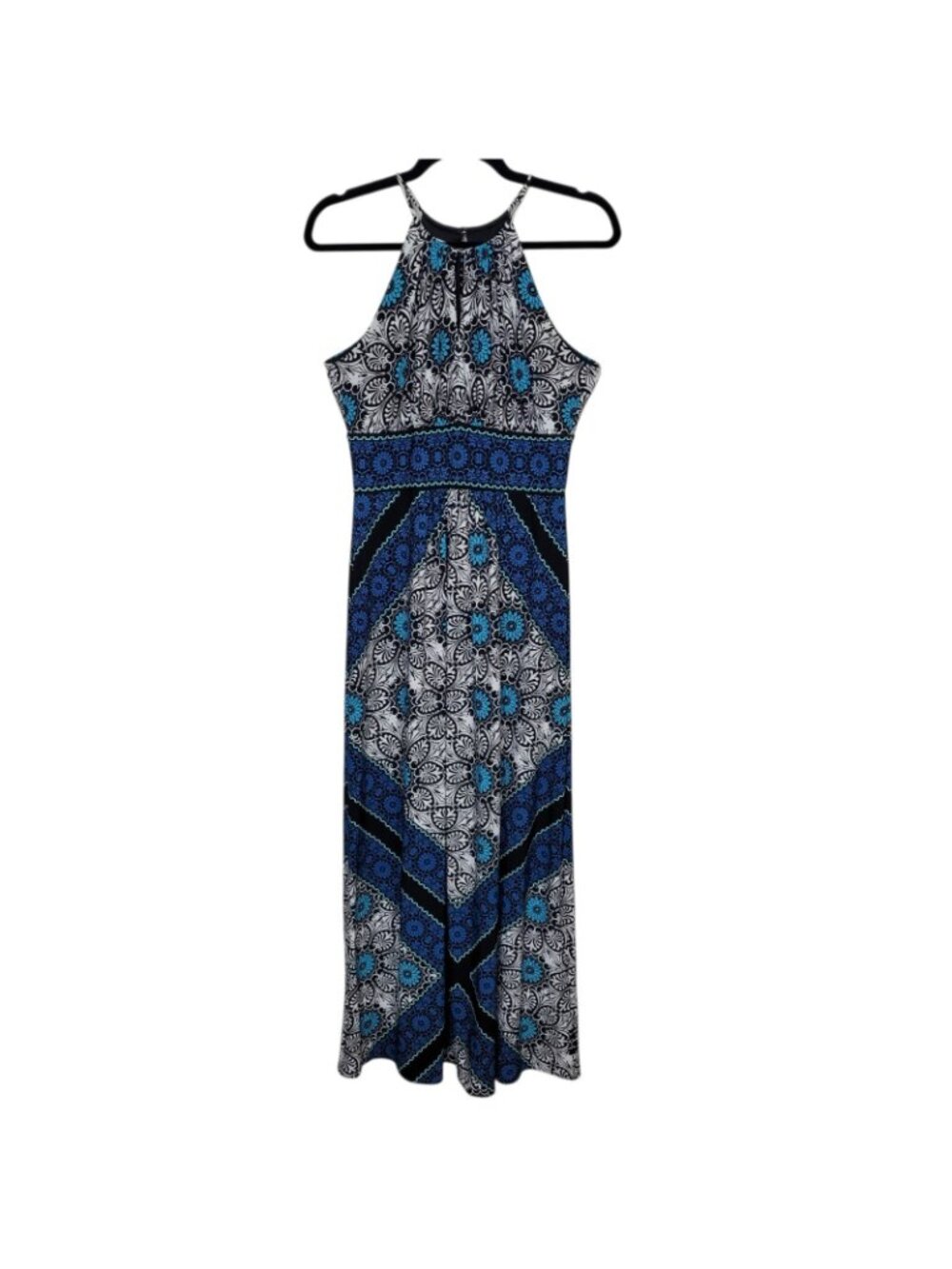 Dressbarn Halter Neckline Maxi Dress Blue Tile Print Bohemian Festival Sz 6 - Picture 2 of 7